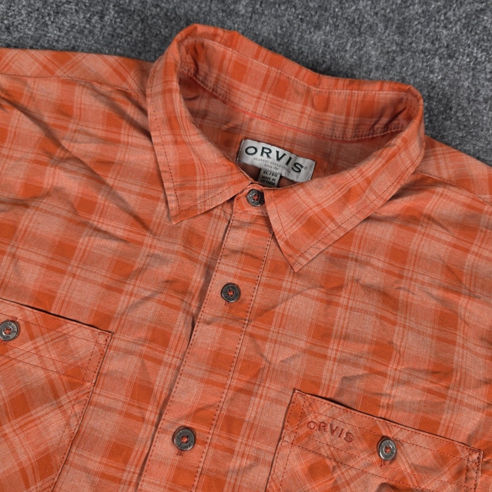 Orvis Tech Button Down Shirt Mens XL Orange Plaid Short Sleeve Hiking Fishing